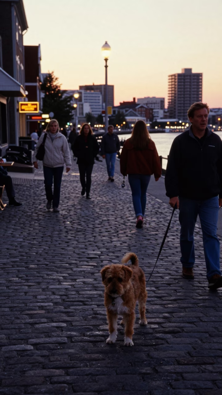 Busy Halifax Nova Scotia Evening Street Scene with Dog and Urban Details in in Halifax, Nova Scotia, Canada