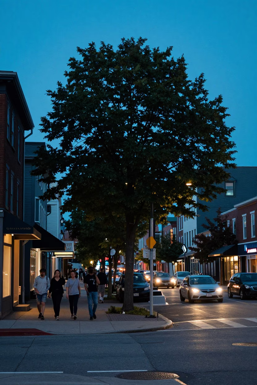 Busy Halifax Nova Scotia Evening Street Scene with Tree and Pedestrians in in Halifax, Nova Scotia, Canada