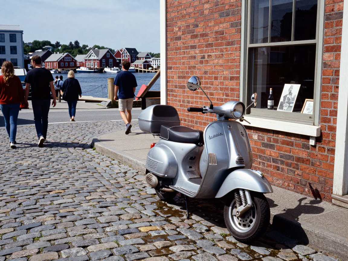 Busy Halifax Nova Scotia Harbor Midday Scene with Vintage Vespa and Local Street Life in in Halifax, Nova Scotia, Canada