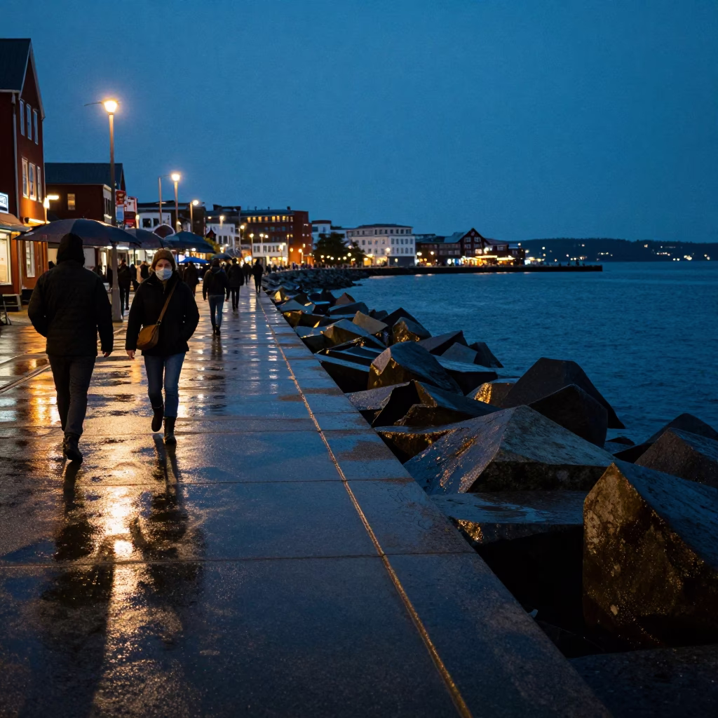 Busy Halifax Nova Scotia Harbor Midnight Street Scene with Rain Boots and Breakwater in in Halifax, Nova Scotia, Canada