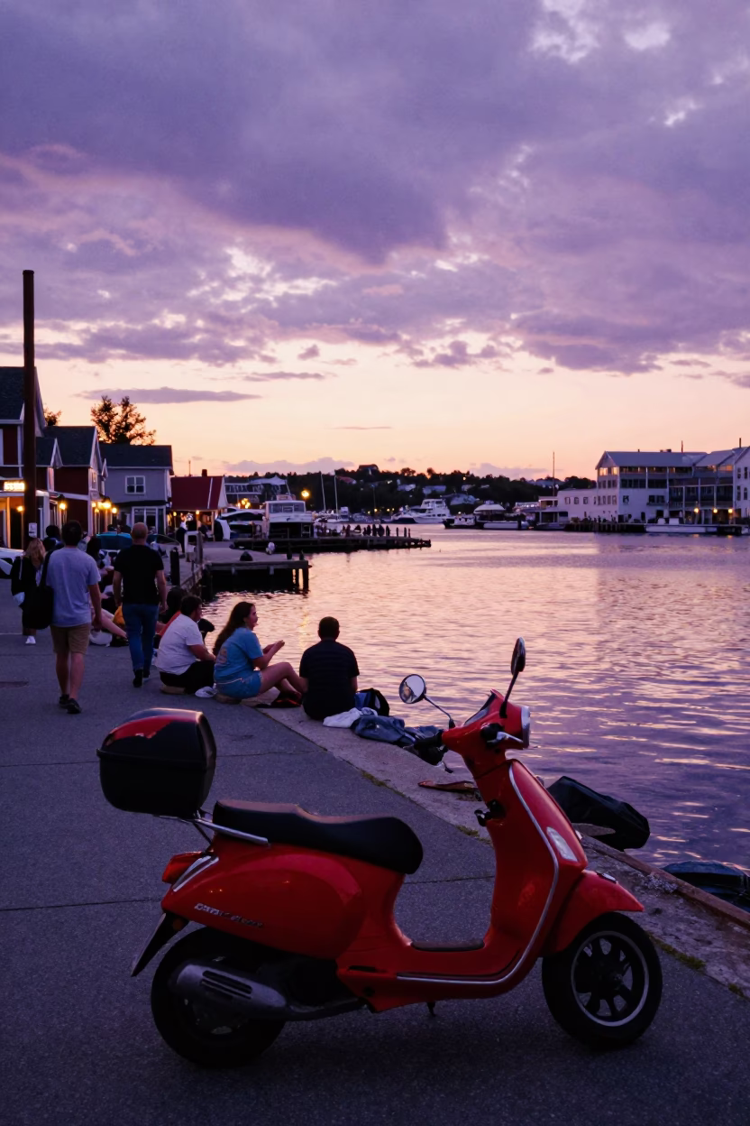 Busy Halifax Nova Scotia Harbor Sunset Scene with Scooter and Local Life in in Halifax, Nova Scotia, Canada