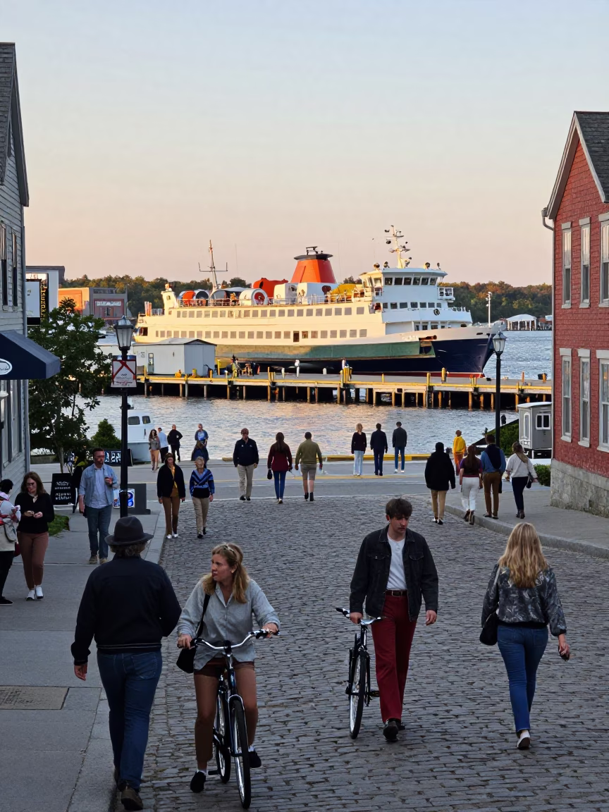 Busy Halifax Nova Scotia Late Afternoon Street Scene with Ferry Dock and Local Life in in Halifax, Nova Scotia, Canada