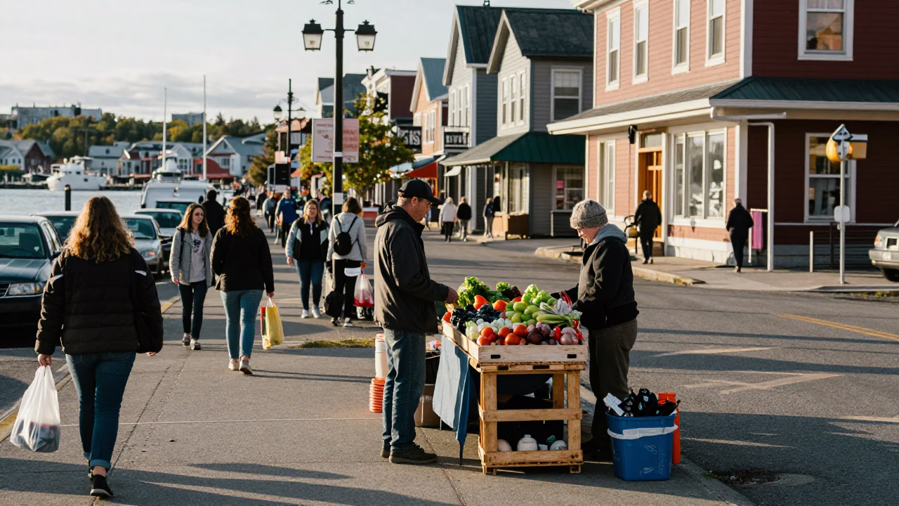 Busy Halifax Nova Scotia Late Morning Street Scene with Local Market Activity in in Halifax, Nova Scotia, Canada