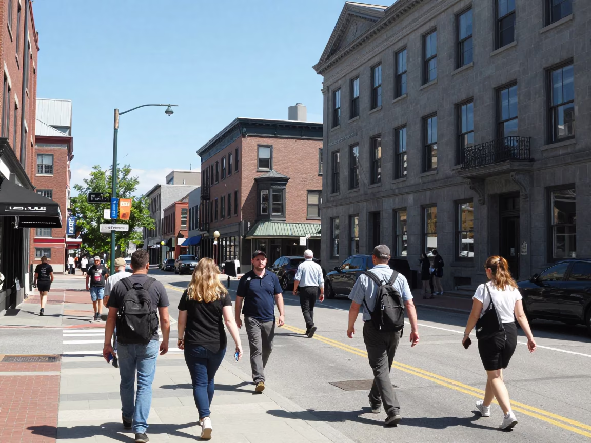 Busy Halifax Nova Scotia Midday Street Scene with Commuters and Historic Architecture in in Halifax, Nova Scotia, Canada