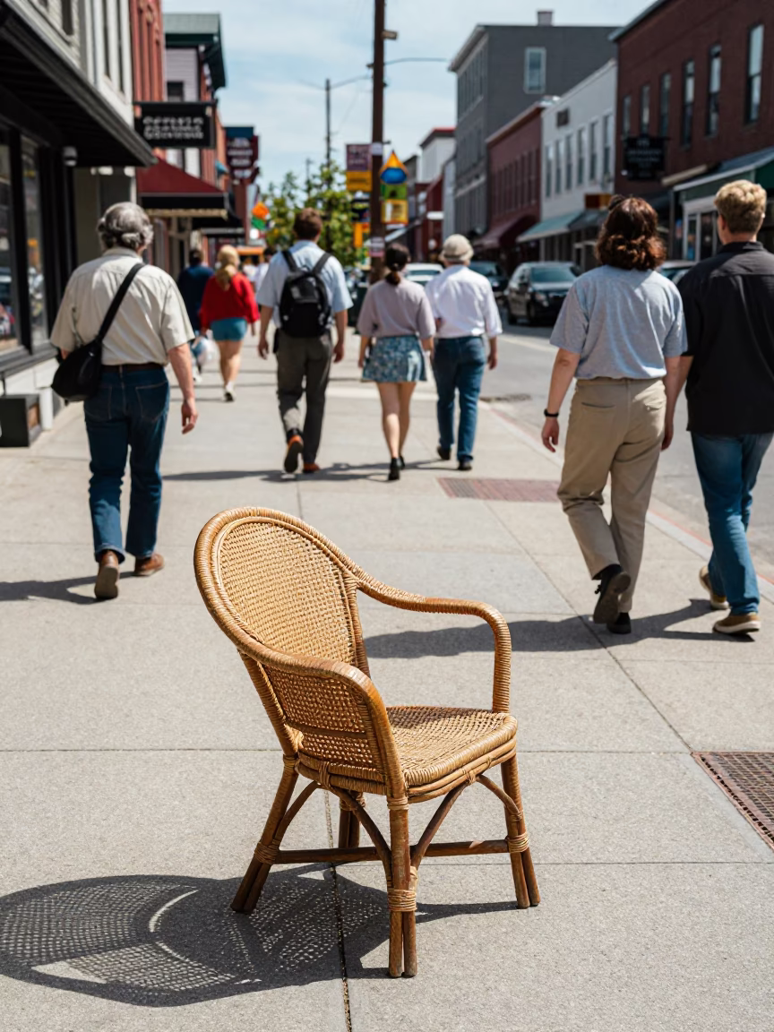 Busy Halifax Nova Scotia Midday Street Scene with Rattan Chair and Local Life in in Halifax, Nova Scotia, Canada