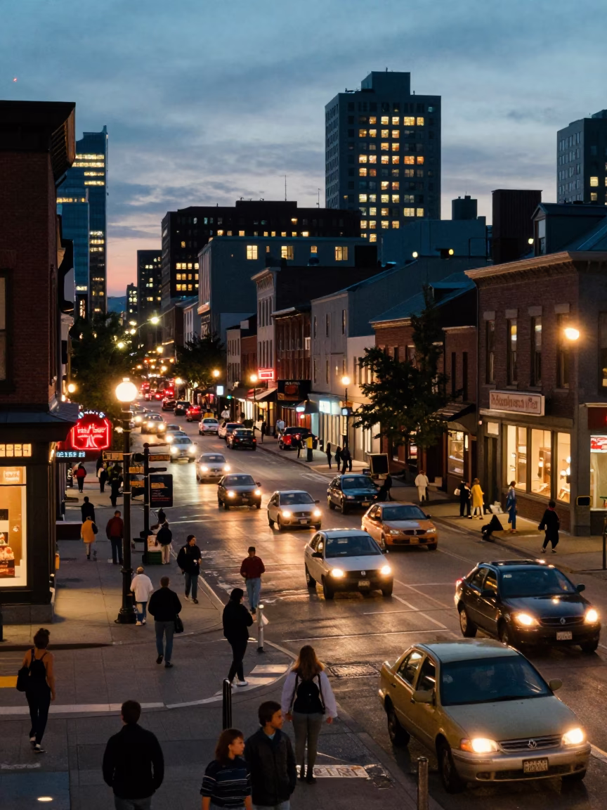 Busy Halifax Nova Scotia Street Scene at Dusk with City Lights and Local Life in in Halifax, Nova Scotia, Canada