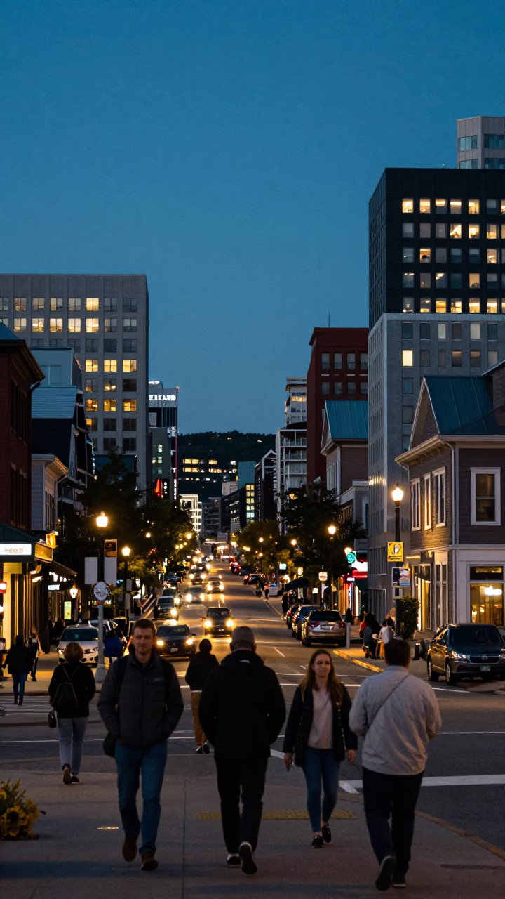 Busy Halifax Nova Scotia Street Scene at Dusk with Local Pedestrians and City Lights in in Halifax, Nova Scotia, Canada