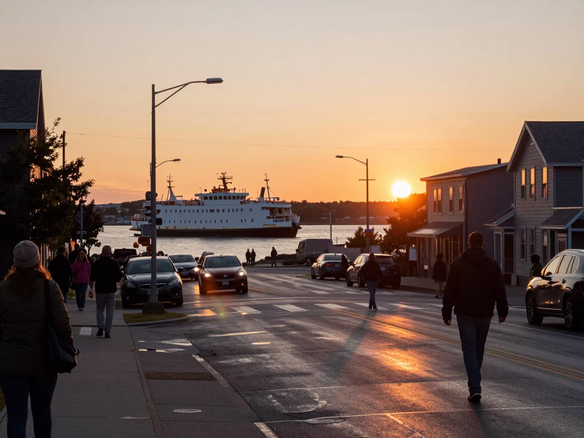 Busy Halifax Nova Scotia Street Scene at Sunset with Ferry and Vintage Car in in Halifax, Nova Scotia, Canada
