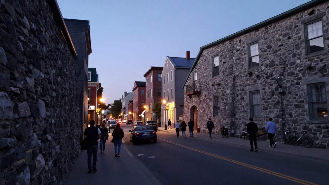 Busy Halifax Nova Scotia Street Scene at Twilight with Stone Walls and Urban Life in in Halifax, Nova Scotia, Canada