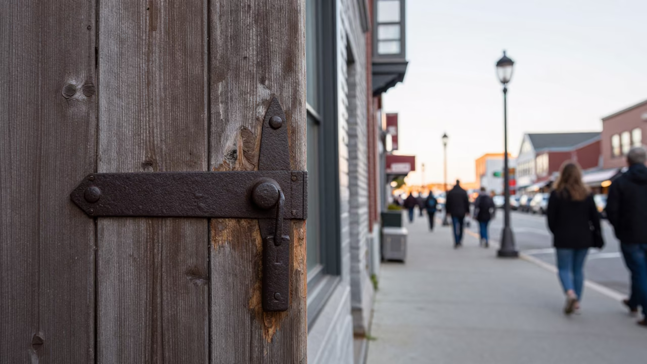 Busy Halifax Nova Scotia Street Scene Early Afternoon with Iron Deadbolt Detail in in Halifax, Nova Scotia, Canada