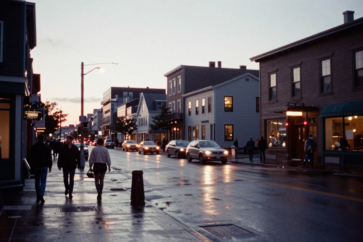 Busy Halifax Nova Scotia Street Scene Early Evening with Vintage 1970s Aesthetic in in Halifax, Nova Scotia, Canada
