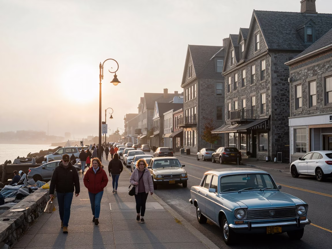 Busy Halifax Nova Scotia Street Scene Early Morning Light with Vintage 1960s Details in in Halifax, Nova Scotia, Canada