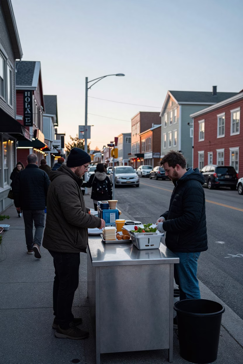 Busy Halifax Nova Scotia Street Scene Early Morning with Steel Countertop and Condensation Details in in Halifax, Nova Scotia, Canada
