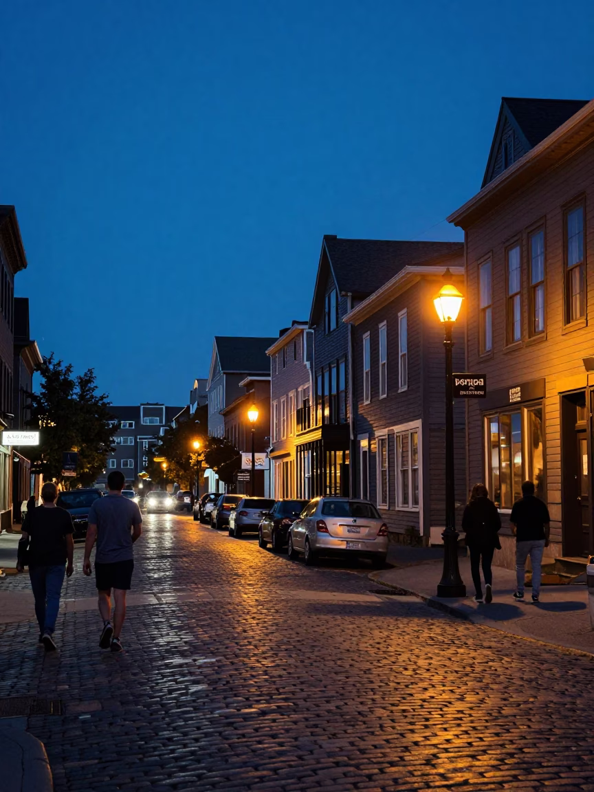Busy Halifax Nova Scotia Street Scene in Indigo Twilight After Sunset with Vintage Details in in Halifax, Nova Scotia, Canada