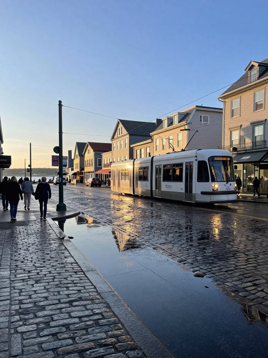 Busy Halifax Nova Scotia Street Scene Just After Sunrise with Tramcar Reflections in in Halifax, Nova Scotia, Canada