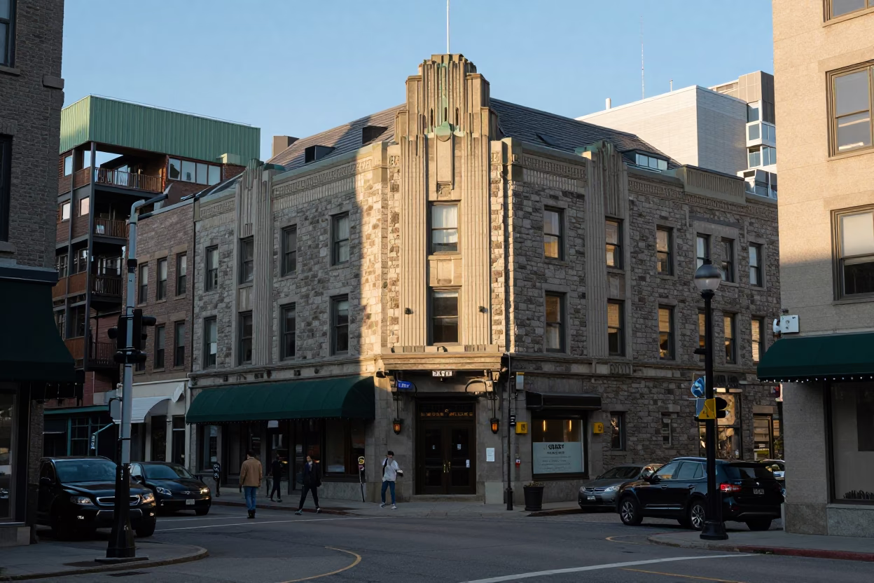 Busy Halifax Nova Scotia Street Scene Late Afternoon Light with Art Deco Hotel Facade in in Halifax, Nova Scotia, Canada
