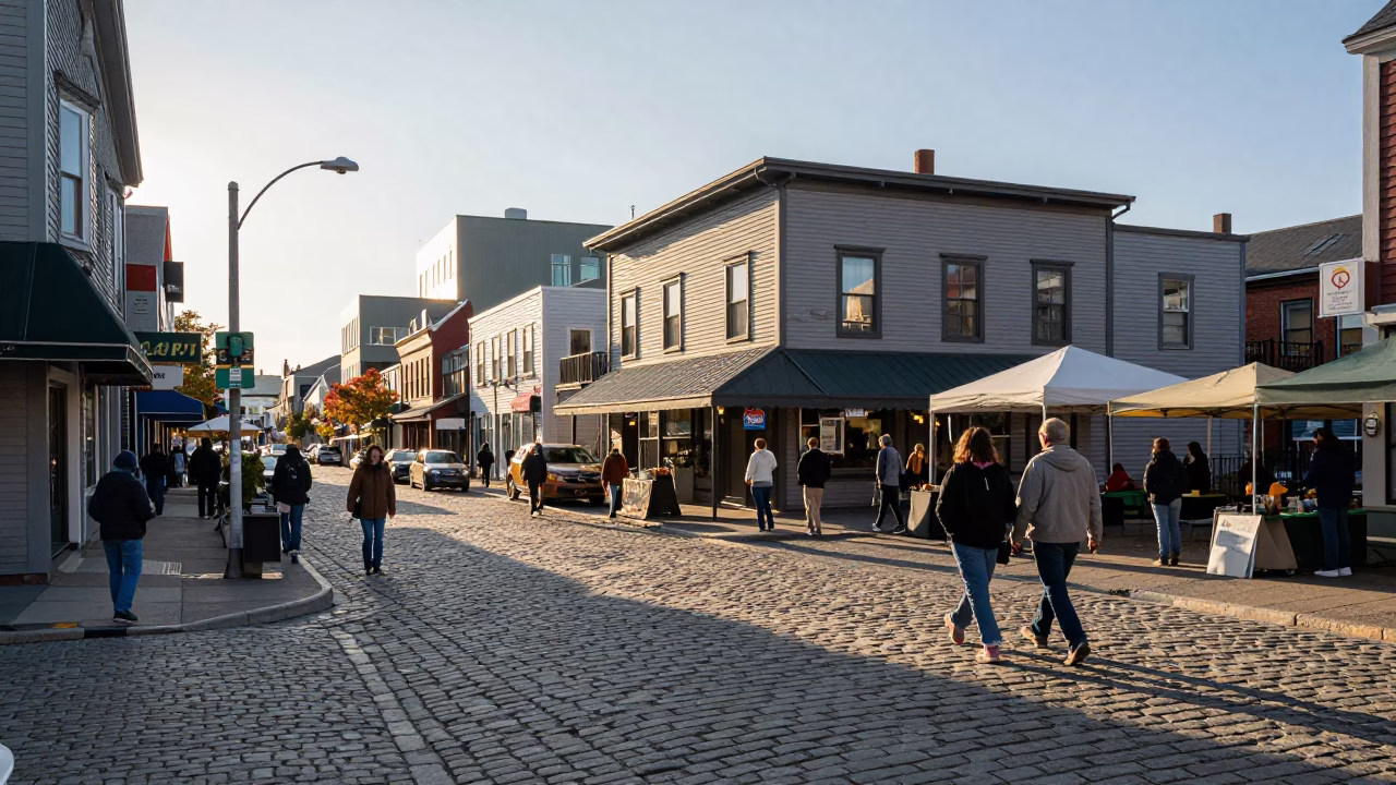 Busy Halifax Nova Scotia Street Scene Late Afternoon with Local Market Stalls and Pedestrians in in Halifax, Nova Scotia, Canada