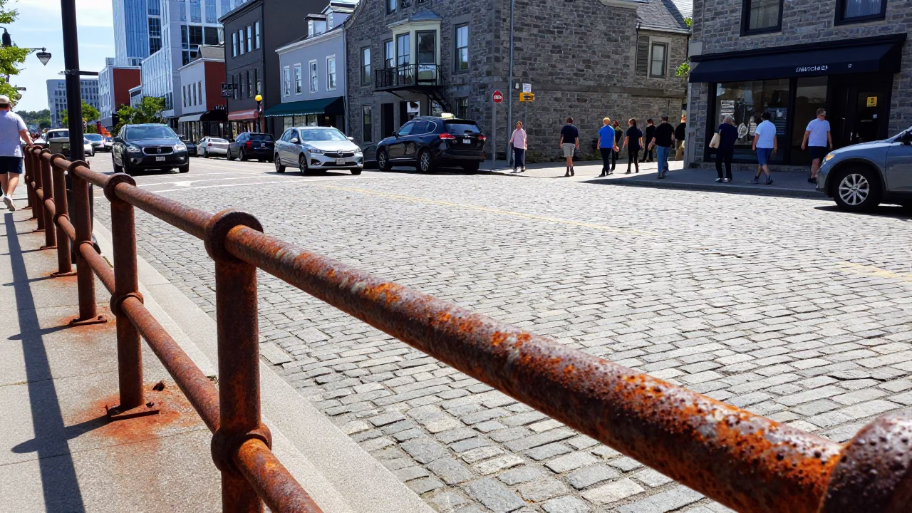 Busy Halifax Nova Scotia Street Scene Midday with Rusty Rail and Local Activity in in Halifax, Nova Scotia, Canada