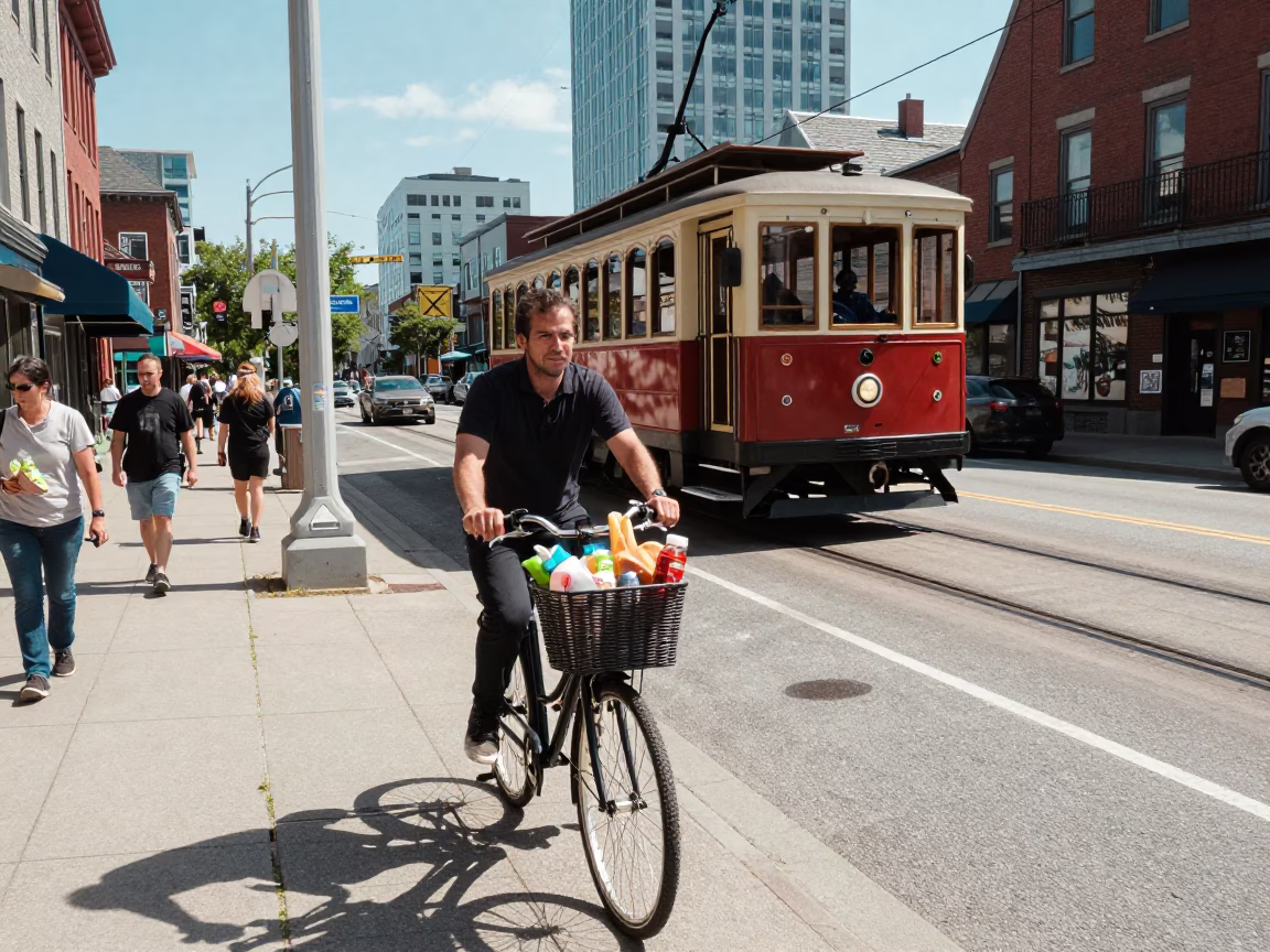 Busy Halifax Nova Scotia Street Scene with Funicular and Bicycle Basket in Midmorning Light in in Halifax, Nova Scotia, Canada