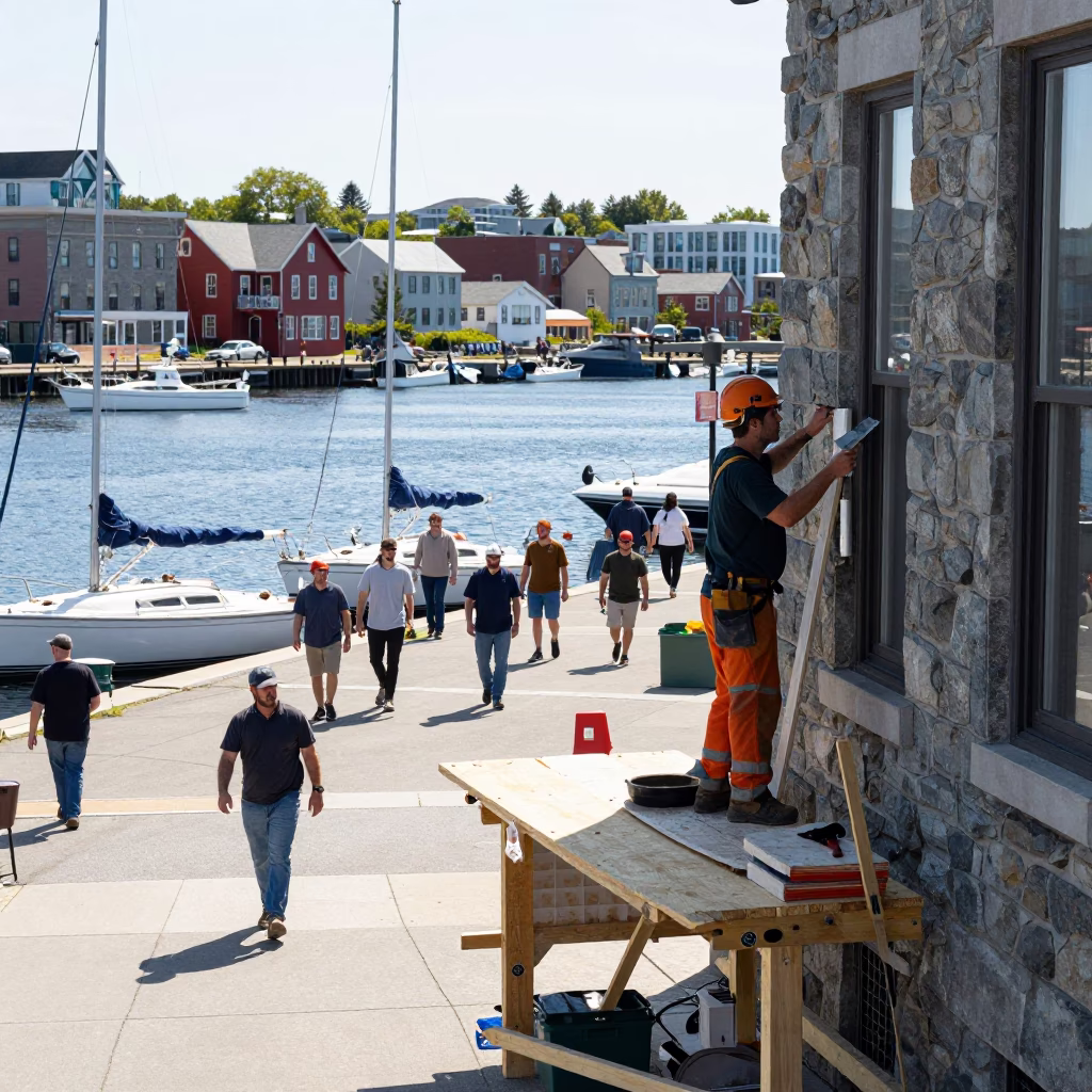 Busy Halifax Nova Scotia Street Scene with Sailboats and Masons in Bright Midmorning Light in in Halifax, Nova Scotia, Canada