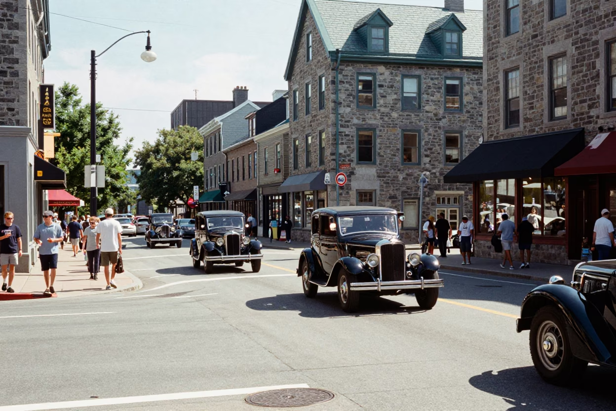 Busy Halifax Nova Scotia Street Scene with Vintage Cars and Local Commerce at Midday in in Halifax, Nova Scotia, Canada