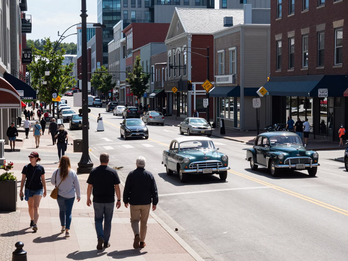 Busy Halifax Nova Scotia Street Scene with Vintage Cars and Pedestrians Under Noon Sun in in Halifax, Nova Scotia, Canada
