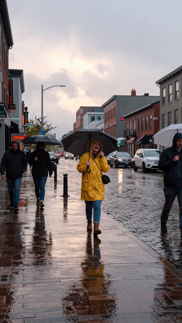 Busy Halifax Street Corner After Rain Reflecting 1980s Life in in Halifax, Nova Scotia, Canada