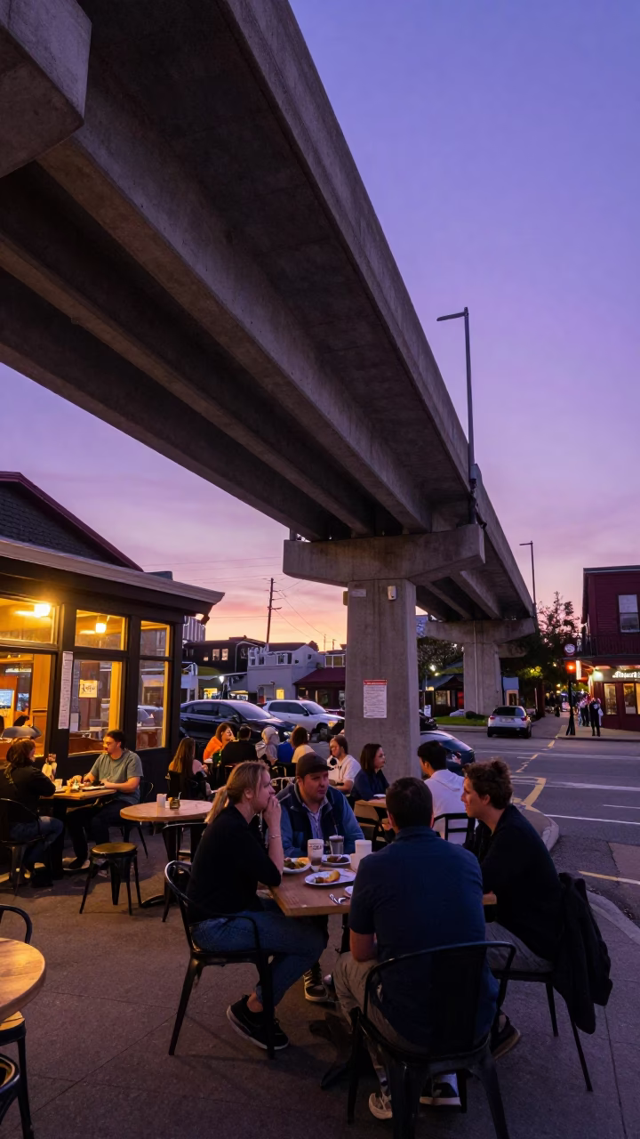 Busy Halifax Street Corner Diner Scene with Overpass and Sunset Lighting in in Halifax, Nova Scotia, Canada
