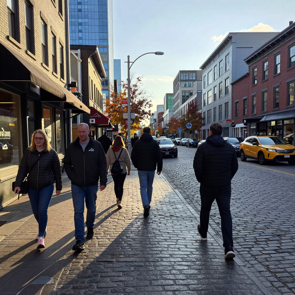 Busy Halifax Street Corner Late Morning Pedestrians and Urban Details in in Halifax, Nova Scotia, Canada