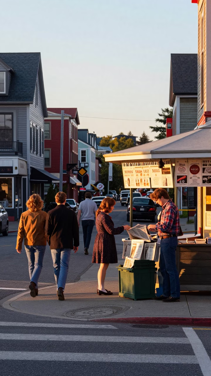 Busy Halifax Street Corner Morning Scene with Vintage 1980s Elements in in Halifax, Nova Scotia, Canada