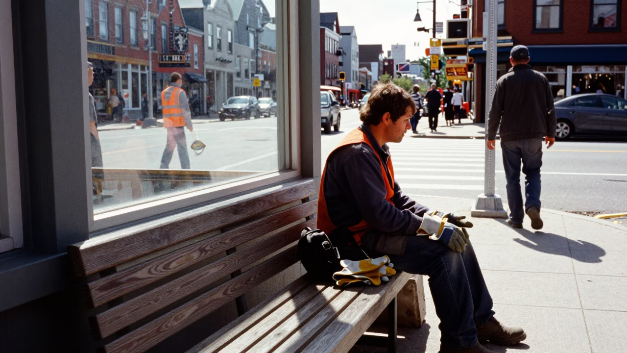 Busy Halifax Street Corner with Work Gloves and Window Light in Bright Midmorning Light in in Halifax, Nova Scotia, Canada