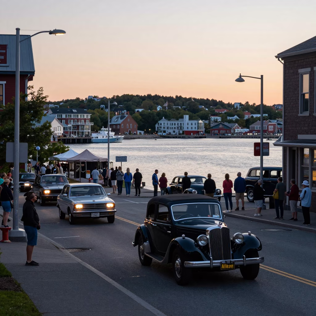 Busy Halifax Street Scene at Dawn with Vintage Car Rally Participants and Local Commerce in in Halifax, Nova Scotia, Canada