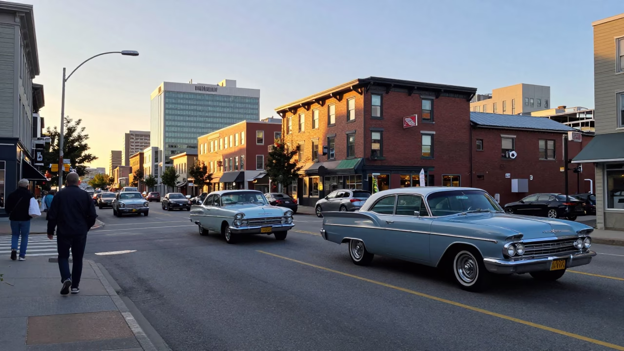 Busy Halifax Street Scene at Golden Hour with Vintage Cars and Pedestrians in in Halifax, Nova Scotia, Canada