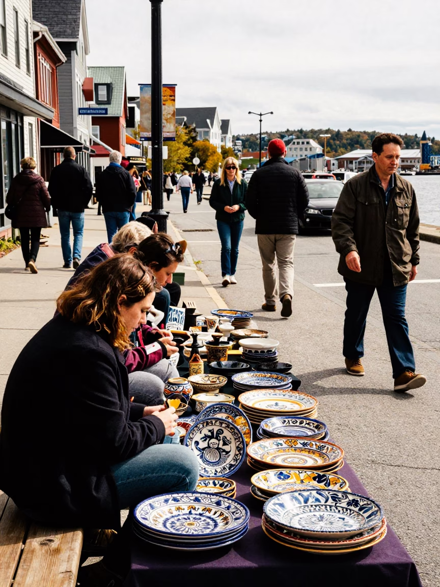 Busy Halifax Street Scene with Vintage Majolica Plate and Local Interaction at Midday in in Halifax, Nova Scotia, Canada