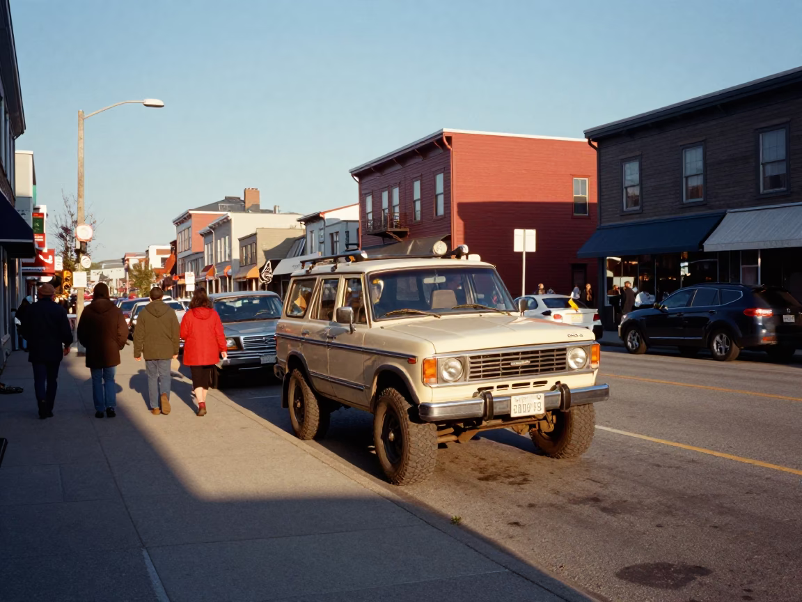 Busy Halifax Street Scene with Vintage SUV and Coats in Late Afternoon Light in in Halifax, Nova Scotia, Canada