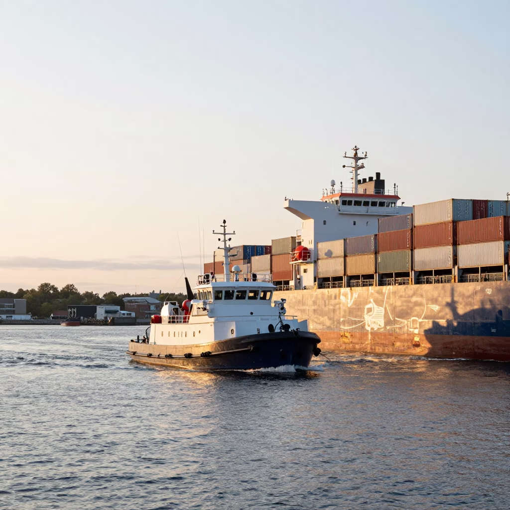 Busy Halifax Waterfront Morning with Pilot Boat and Container Ship at Sunrise in in Halifax, Nova Scotia, Canada