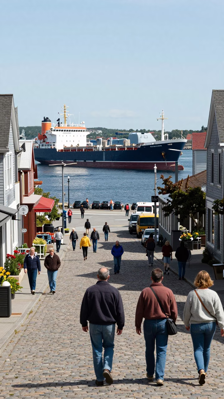 Busy Halifax Waterfront Street Scene with Cargo Ship and Local Activity in in Halifax, Nova Scotia, Canada