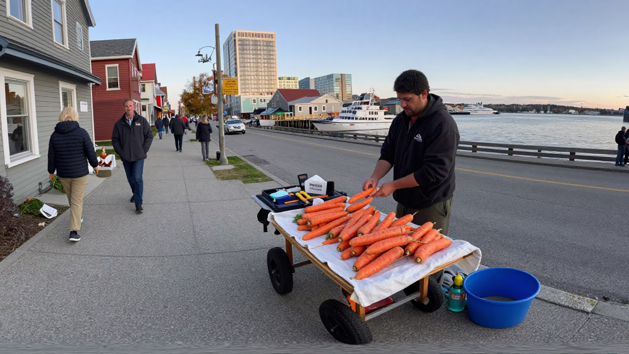 Busy Halifax Waterfront Street Scene with Carrots and Tool Caddy in in Halifax, Nova Scotia, Canada
