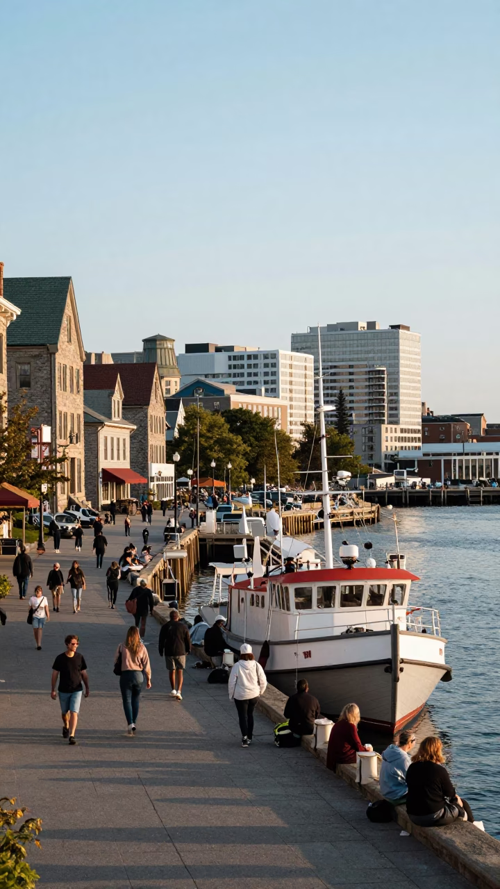 Busy Halifax Waterfront Street Scene with Pilot Boat and Local Commerce in in Halifax, Nova Scotia, Canada
