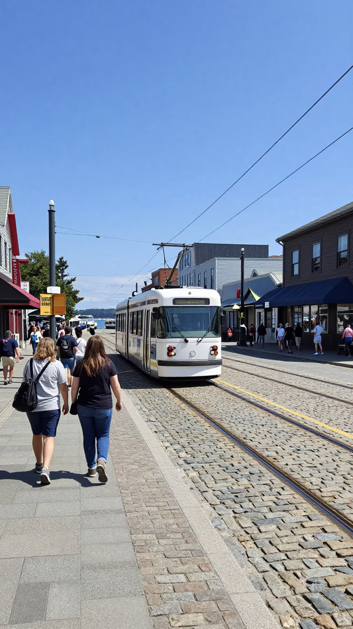 Busy Halifax Waterfront Street Scene with Tram and Pedestrians in Bright Midmorning Light in in Halifax, Nova Scotia, Canada