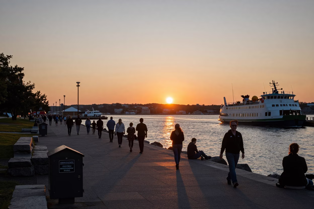 Busy Halifax Waterfront Sunset Scene with Lockbox and Ferry Crossing in in Halifax, Nova Scotia, Canada