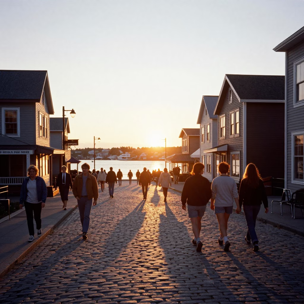 Busy Halifax Waterfront Sunset Street Scene with Local Pedestrians and Urban Details in in Halifax, Nova Scotia, Canada