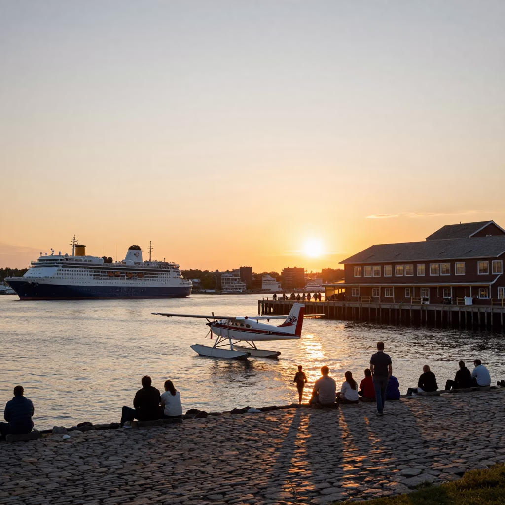 Busy Halifax Waterfront Sunset with Seaplane Landing and Harbour Traffic in in Halifax, Nova Scotia, Canada
