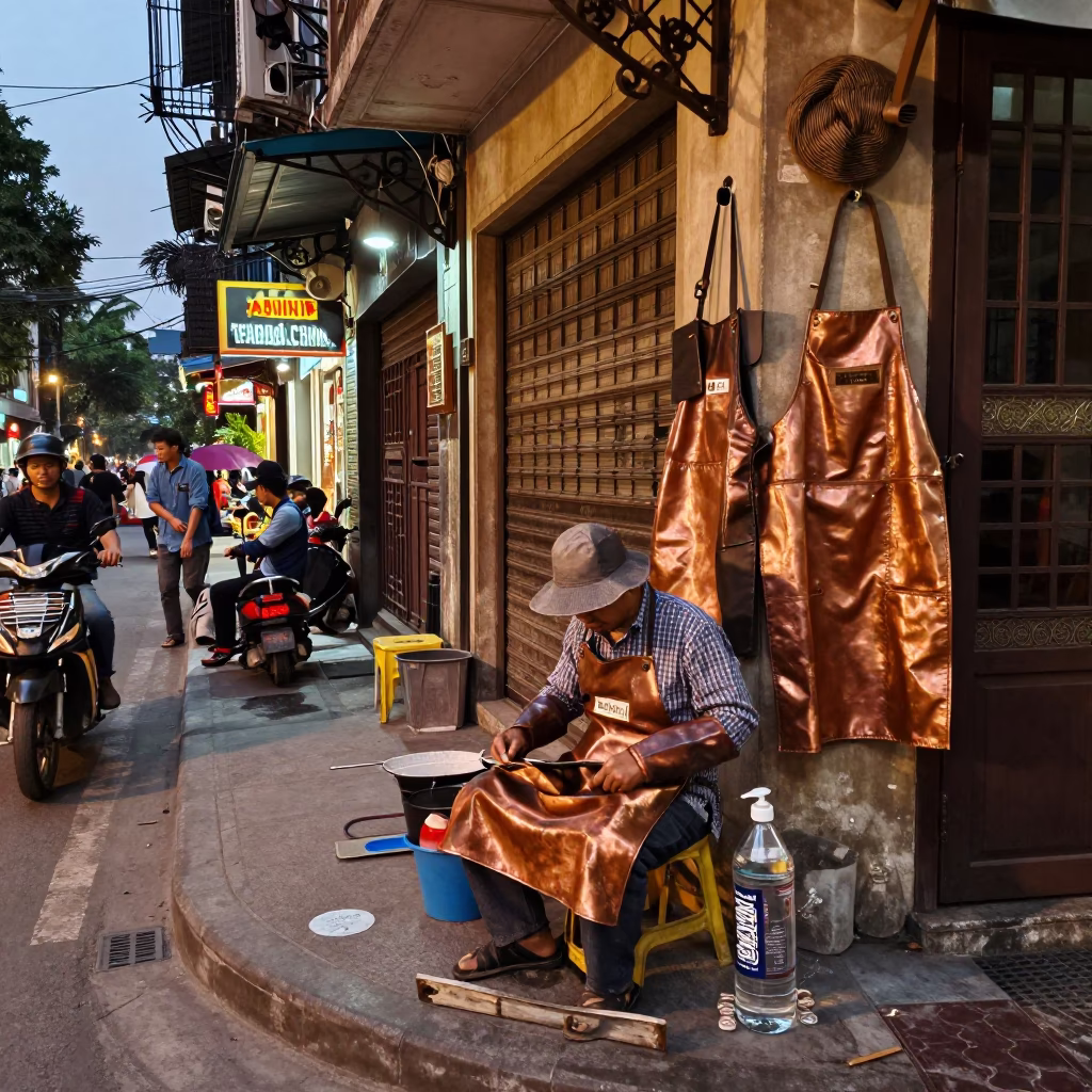 Busy Hanoi Street Corner with Tool Aprons and Water Tower in Dusk Light in in Hanoi, Vietnam