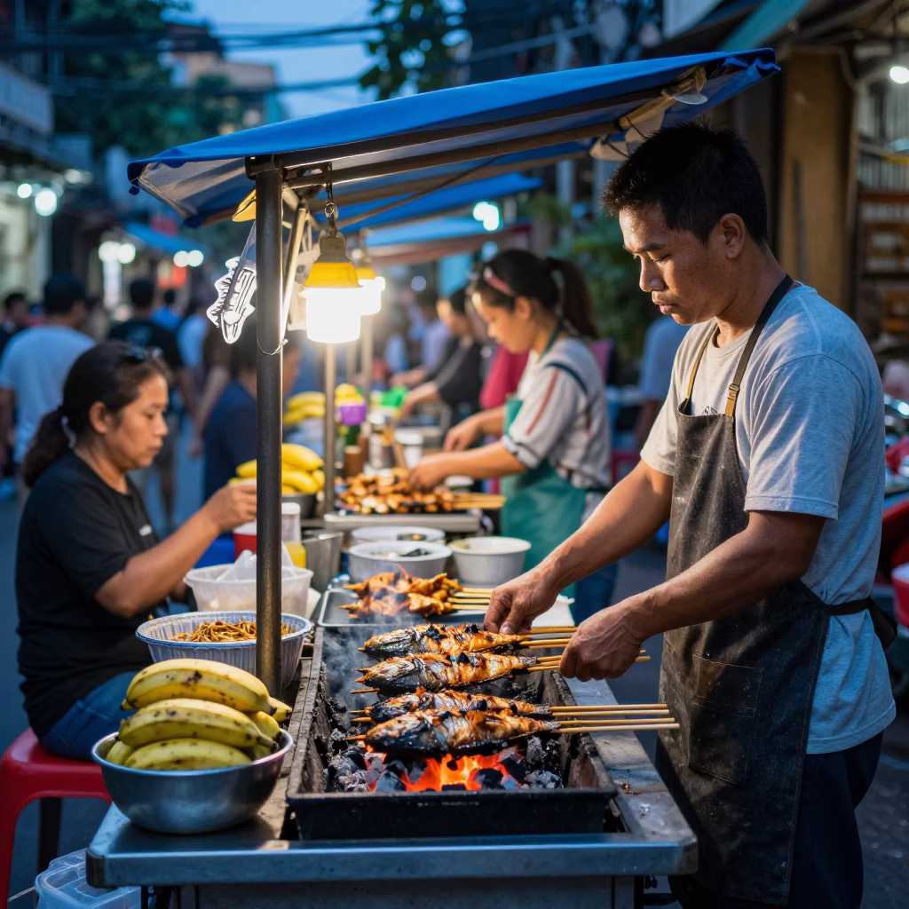 Busy Hanoi Street Food Stall Evening Grilled Fish Banana Leaf Urban Life in in Hanoi, Vietnam