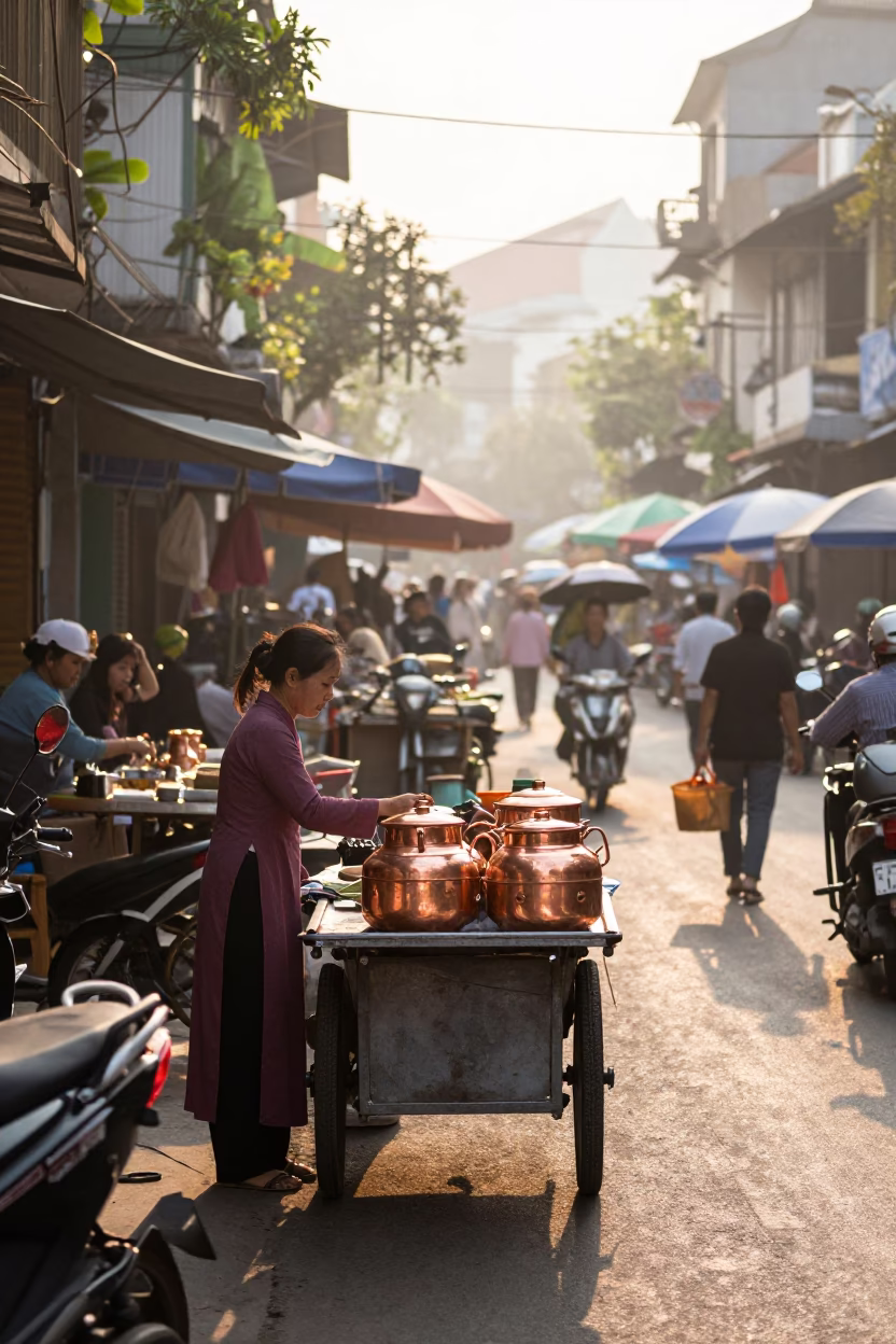Busy Hanoi Street Market Stall at Sunrise with Copper Pots and Spice Jars in in Hanoi, Vietnam