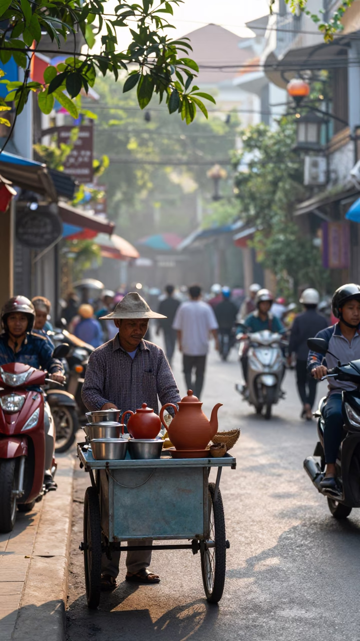 Busy Hanoi Street Morning with Clay Teapot and Metal Ladle at Sunrise in in Hanoi, Vietnam