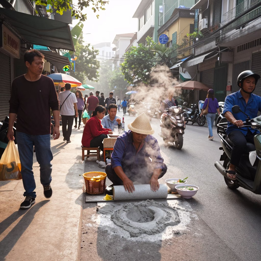 Busy Hanoi Street Morning with Rolling Pin and Cement Mixer Construction in in Hanoi, Vietnam
