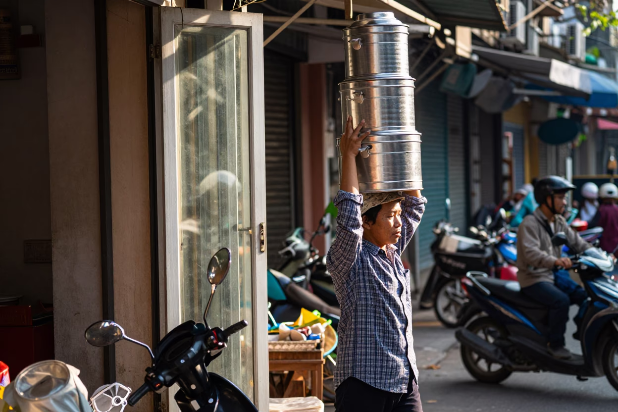 Busy Hanoi Street Morning with Tiffin Tin and Clear Glass Doorframe in in Hanoi, Vietnam