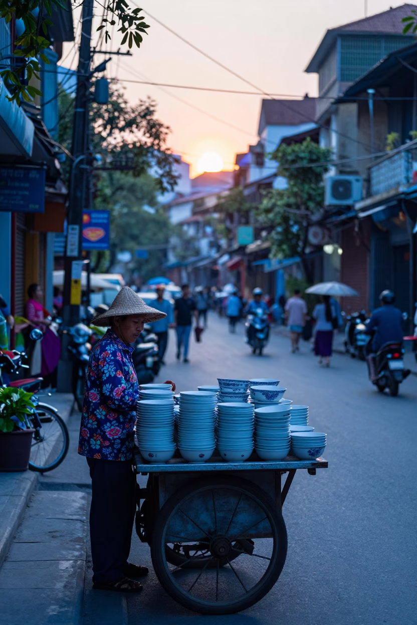 Busy Hanoi Street Scene at Dawn with Blue Floral Porcelain and Early Morning Activity in in Hanoi, Vietnam